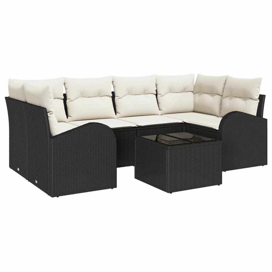 Tuin Sofa Set 7 pcs Zwart en Crème Poly rattan, staal en glas