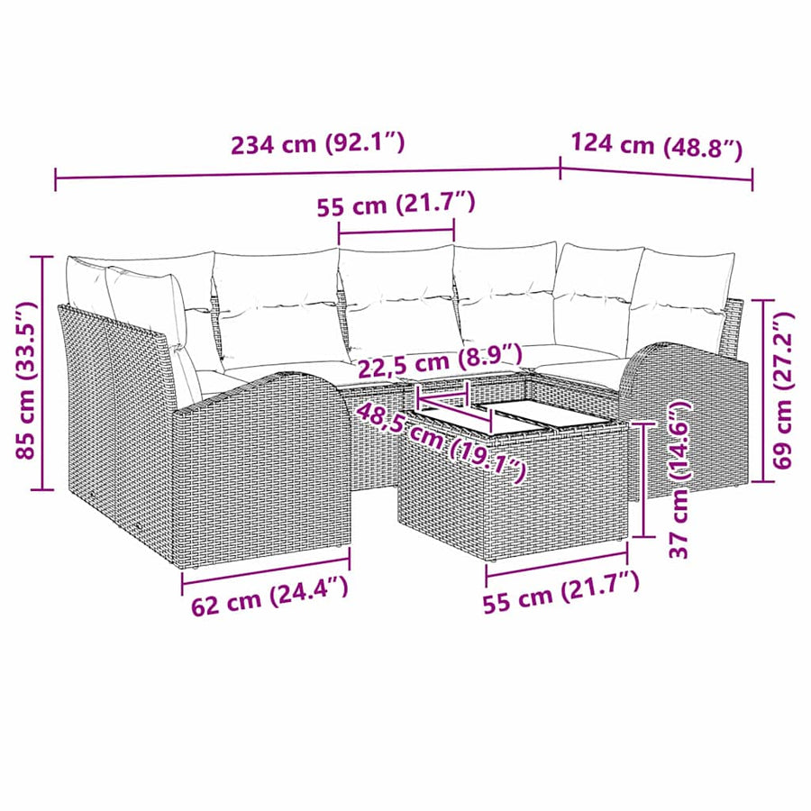 Tuin Sofa Set 7 pcs Zwart en Crème Poly rattan, staal en glas