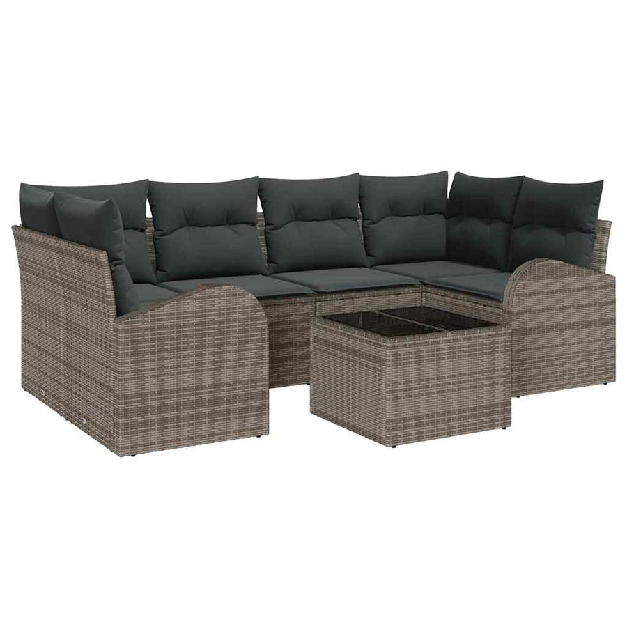 Tuin Sofa Set met kussen 7 pcs Grijs Poly rattan, staal en glas
