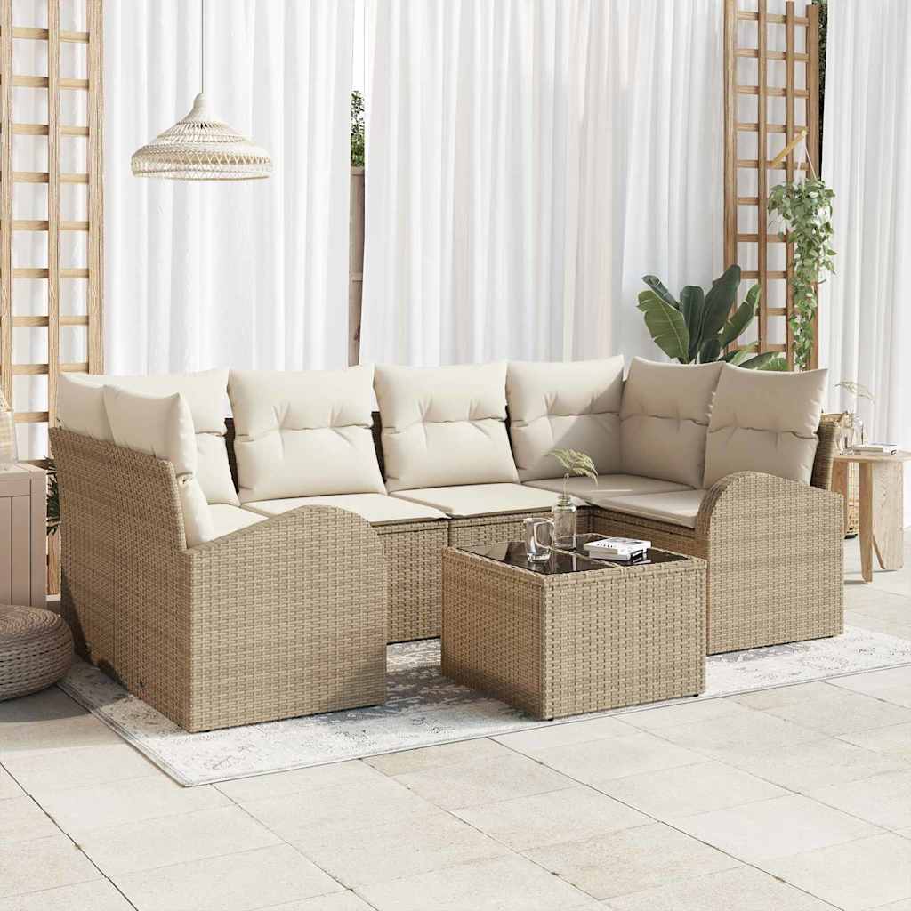 Tuin Sofa Set 7 pcs Beige en Crème Poly rattan, staal en glas