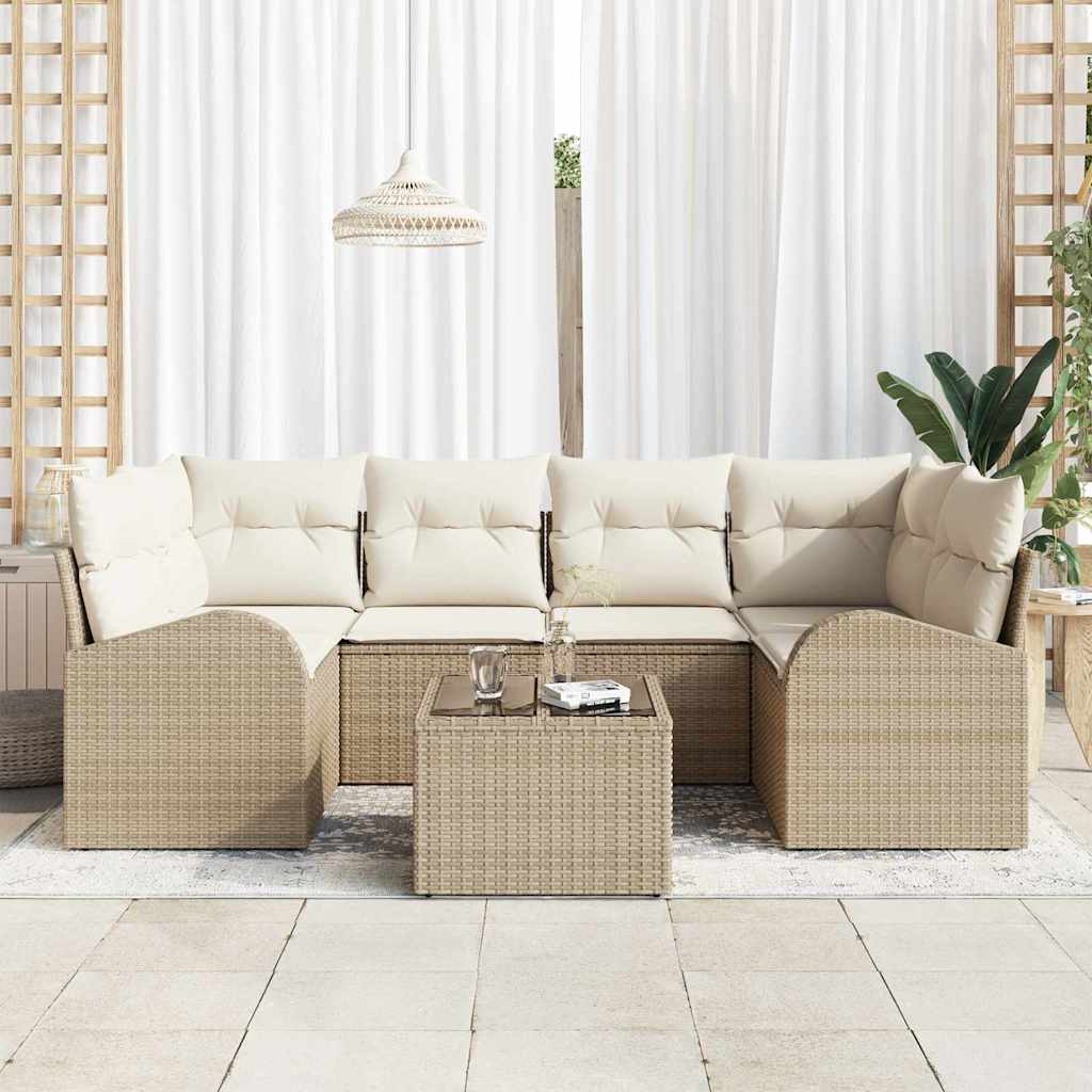 Tuin Sofa Set 7 pcs Beige en Crème Poly rattan, staal en glas