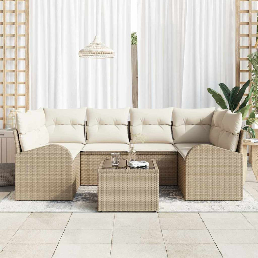 Tuin Sofa Set 7 pcs Beige en Crème Poly rattan, staal en glas