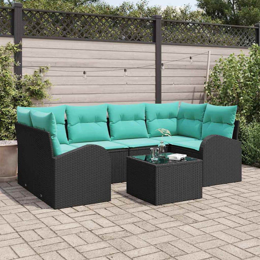 Tuin Sofa Set met opslag 7 pcs Zwart en Turquoise poly rattan