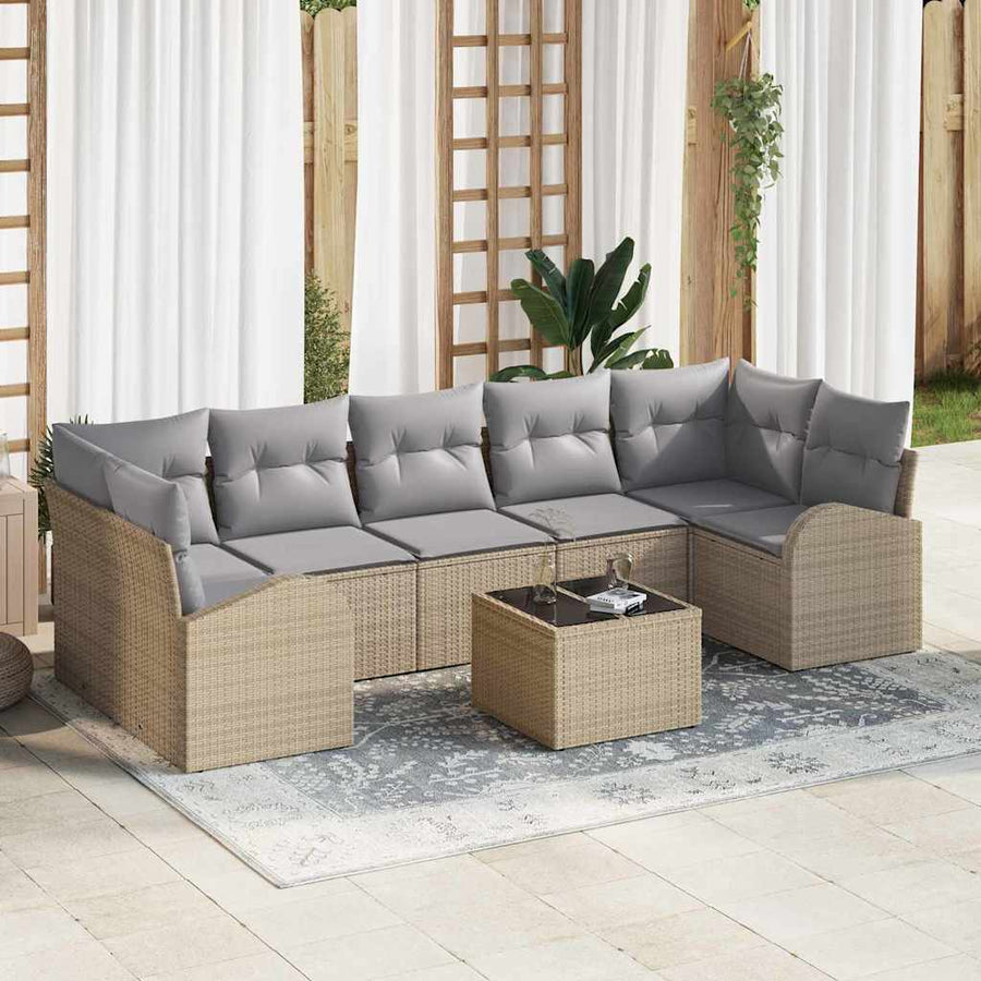 Tuin Sofa Set 8 pcs Beige en Grijs Poly rattan, staal en glas