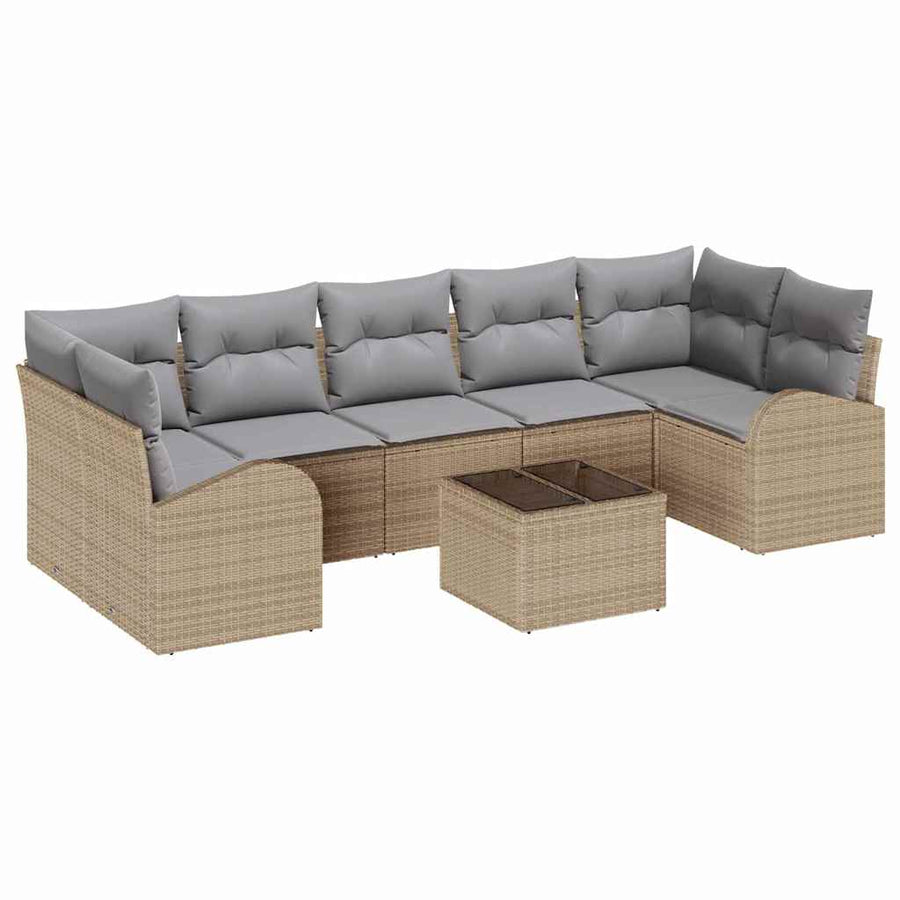 Tuin Sofa Set 8 pcs Beige en Grijs Poly rattan, staal en glas