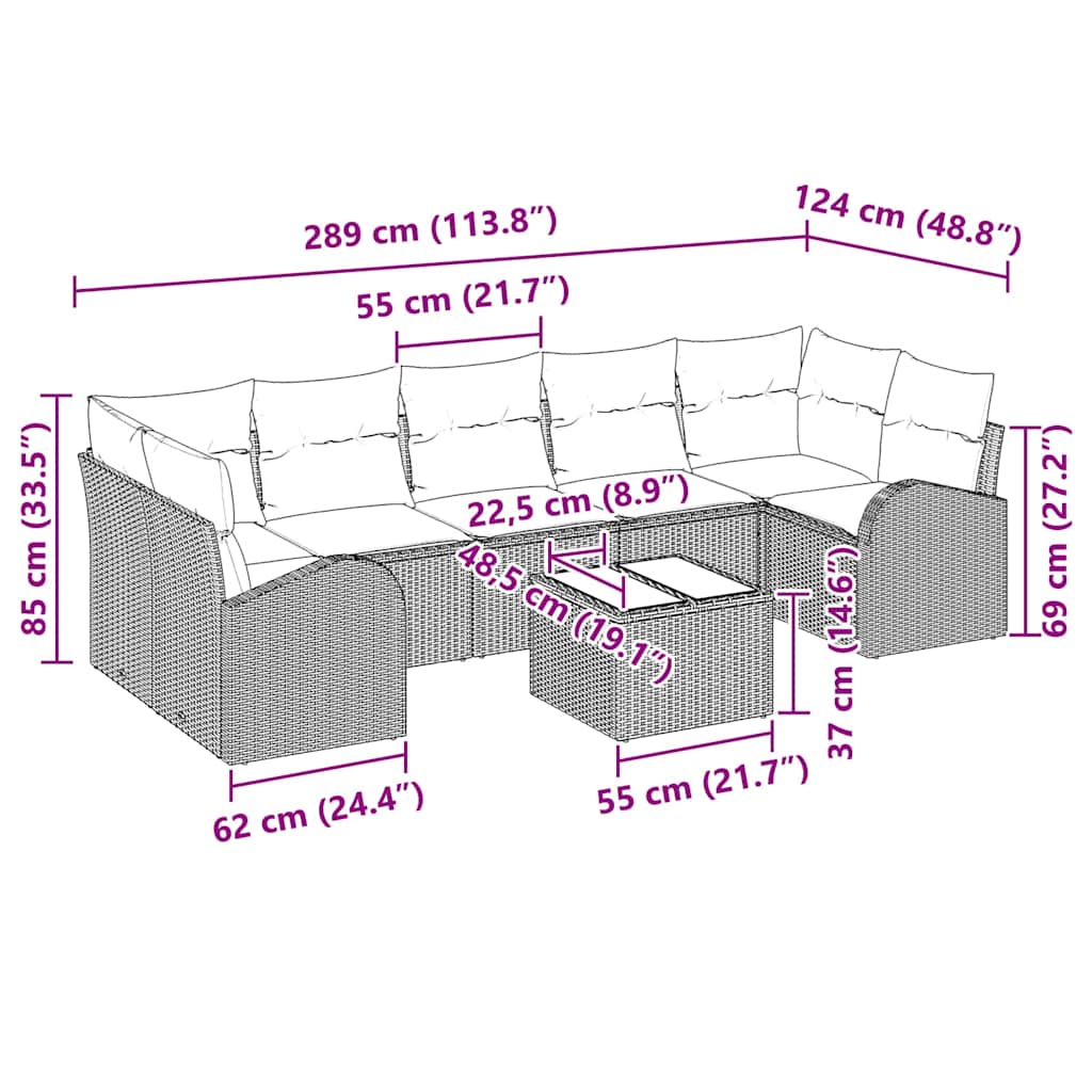 Tuin Sofa Set 8 pcs Beige en Grijs Poly rattan, staal en glas