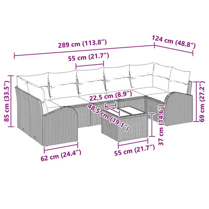 Tuin Sofa Set 8 pcs Beige en Grijs Poly rattan, staal en glas