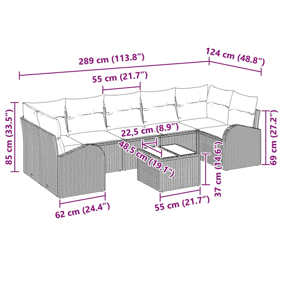 Tuin Sofa Set 8 pcs Beige en Grijs Poly rattan, staal en glas