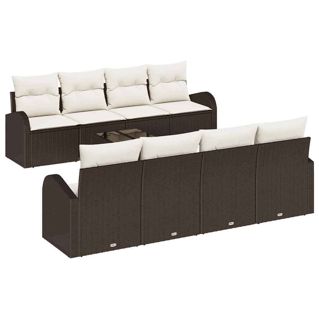 Tuin Sofa Set 9 pcs Bruin en Crème Poly rattan, staal en glas