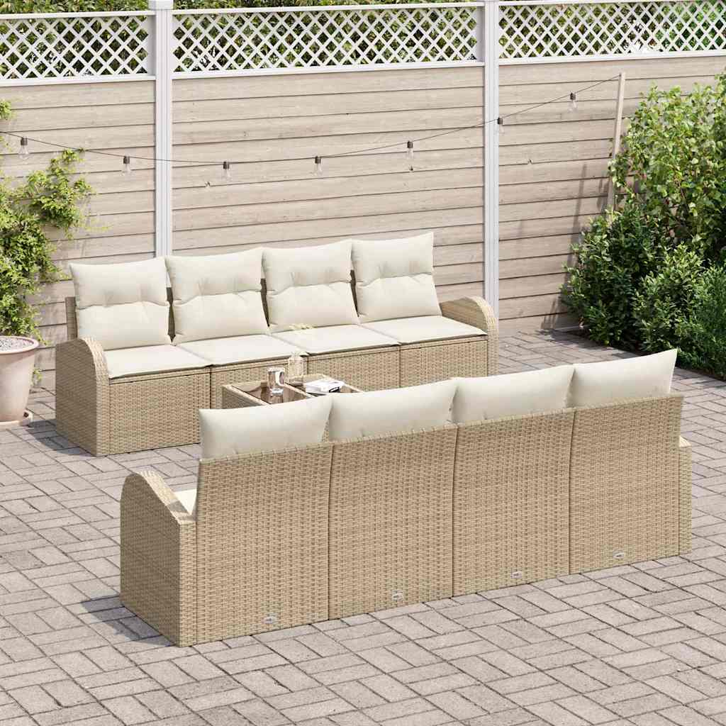 Tuin Sofa Set 9 pcs Beige en Crème Poly rattan, staal en glas