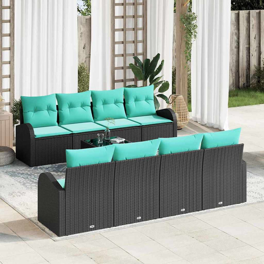 Bankstel met kussen 9 pcs Zwart en Turquoise poly rattan