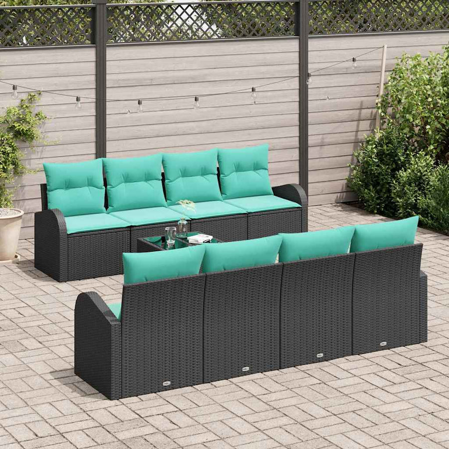 Bankstel met kussen 9 pcs Zwart en Turquoise poly rattan