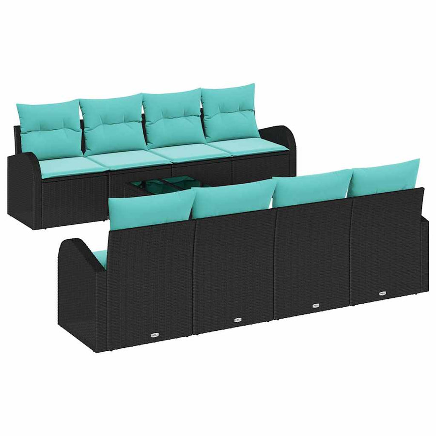 Bankstel met kussen 9 pcs Zwart en Turquoise poly rattan