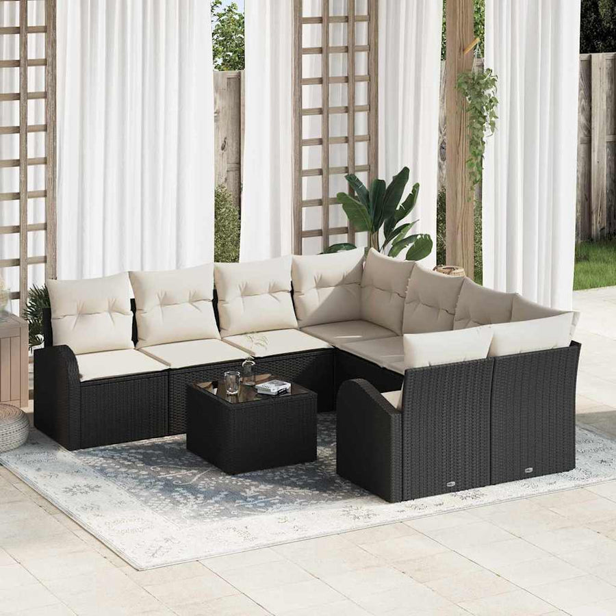 Bankstel met kussen met opslag 9 pcs Zwart en Crème poly rattan