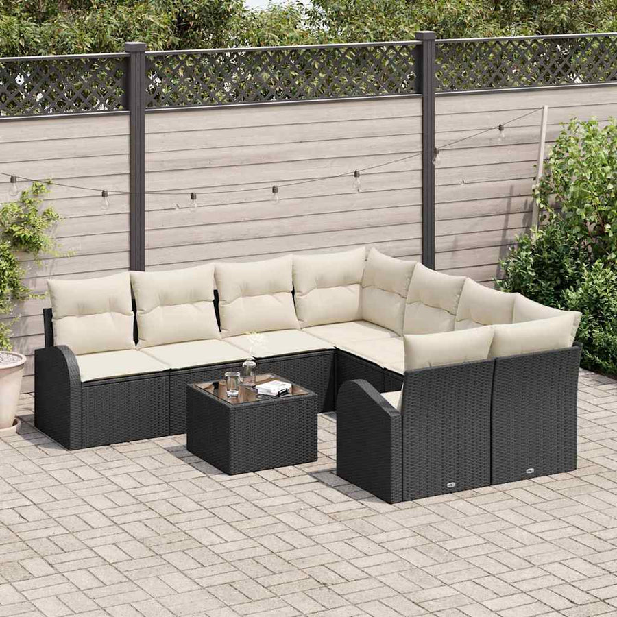 Bankstel met kussen met opslag 9 pcs Zwart en Crème poly rattan