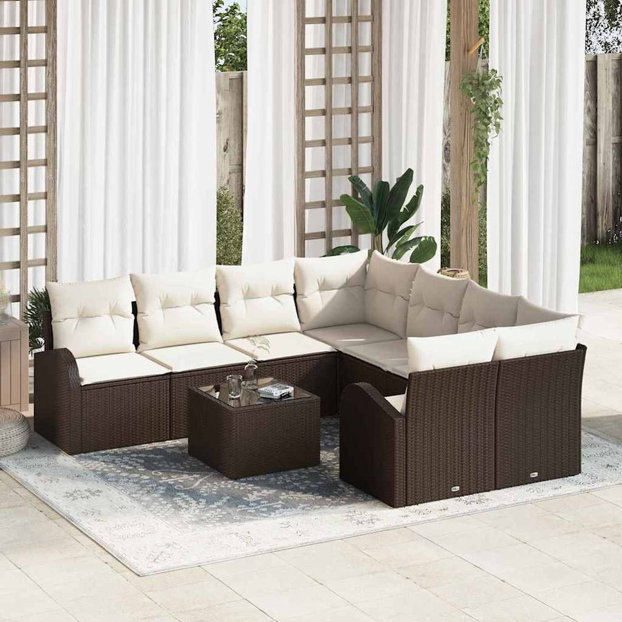 Bankstel met kussen met opslag 9 pcs Bruin en Crème poly rattan