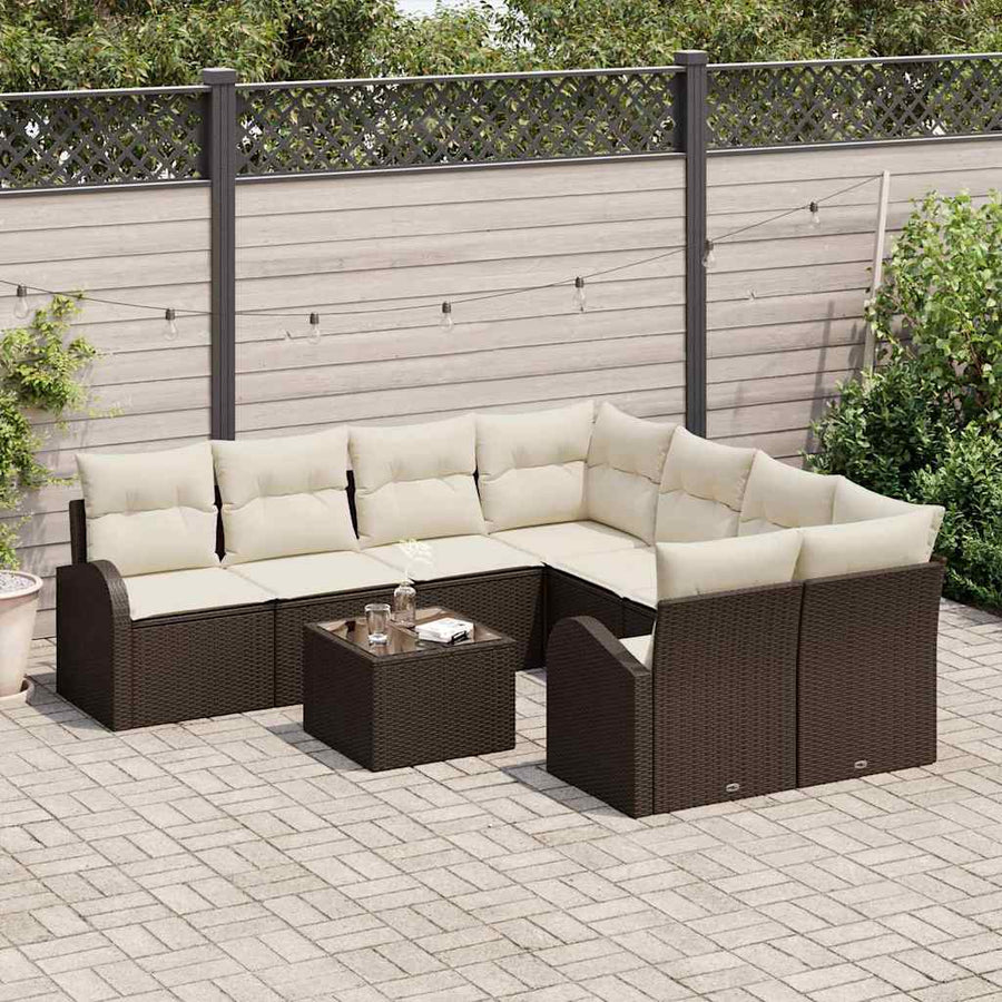 Bankstel met kussen met opslag 9 pcs Bruin en Crème poly rattan