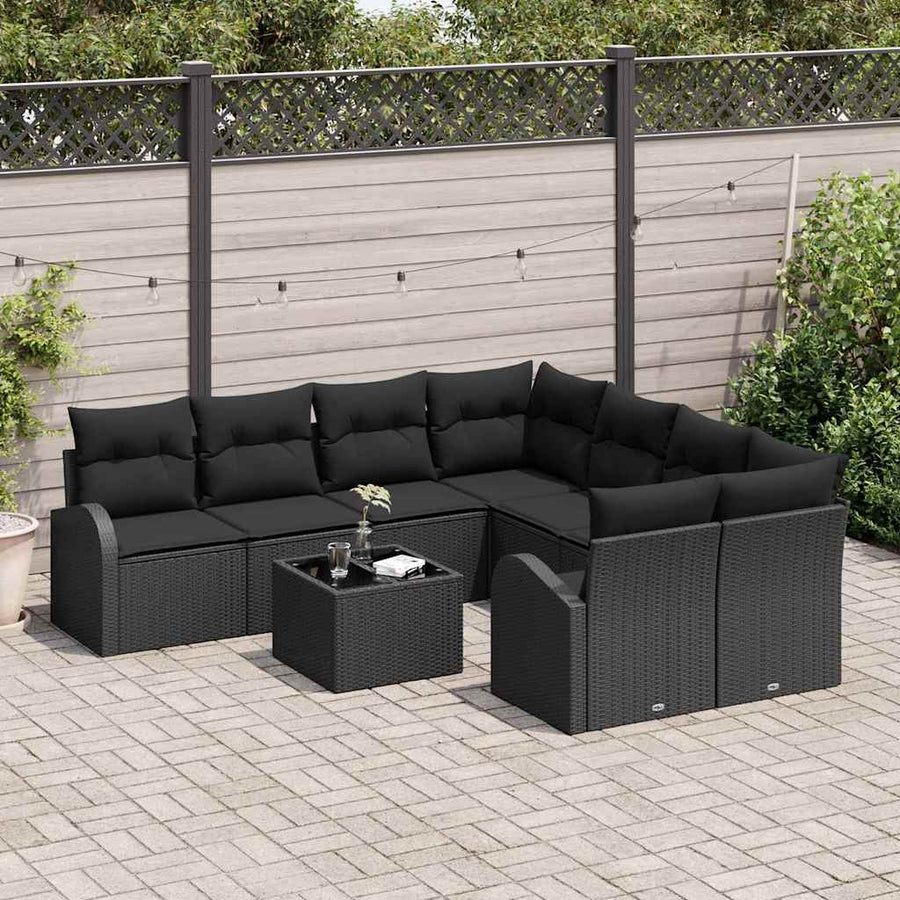 Bankstel met kussen met opslag 9 pcs Zwart poly rattan