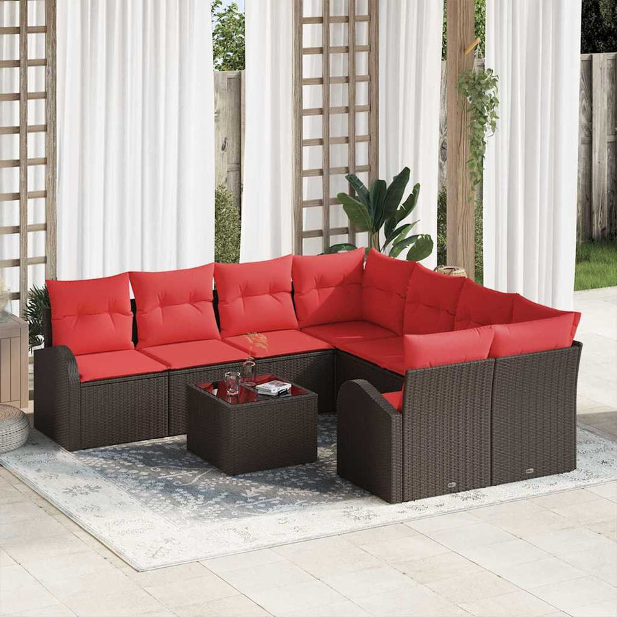 Bankstel met kussen met opslag 9 pcs Beige en Rood poly rattan