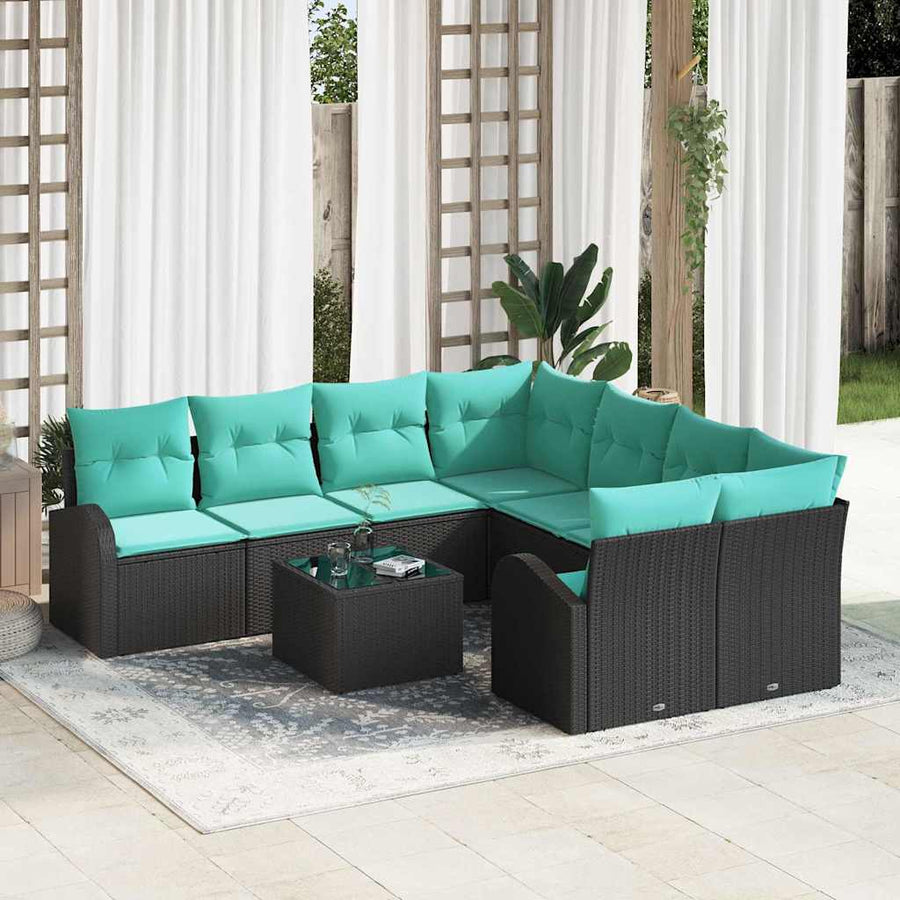 Bankstel met kussen 9 pcs Zwart en Turquoise poly rattan