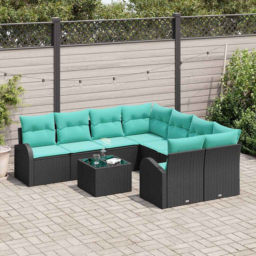 Bankstel met kussen 9 pcs Zwart en Turquoise poly rattan