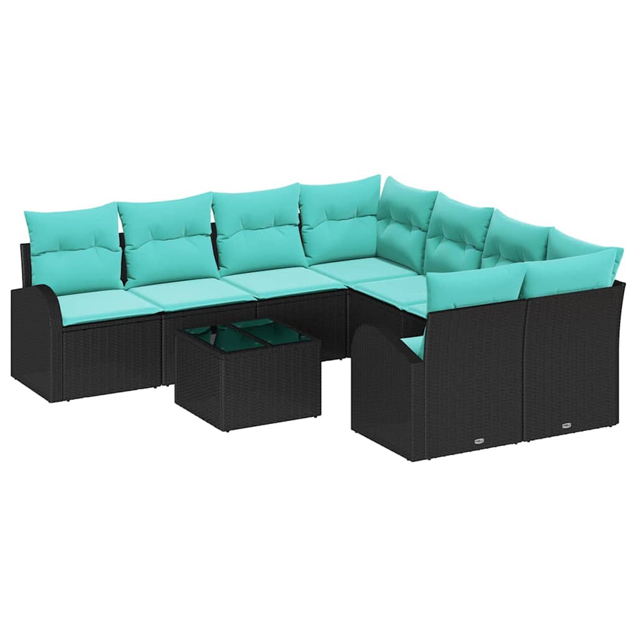 Bankstel met kussen 9 pcs Zwart en Turquoise poly rattan