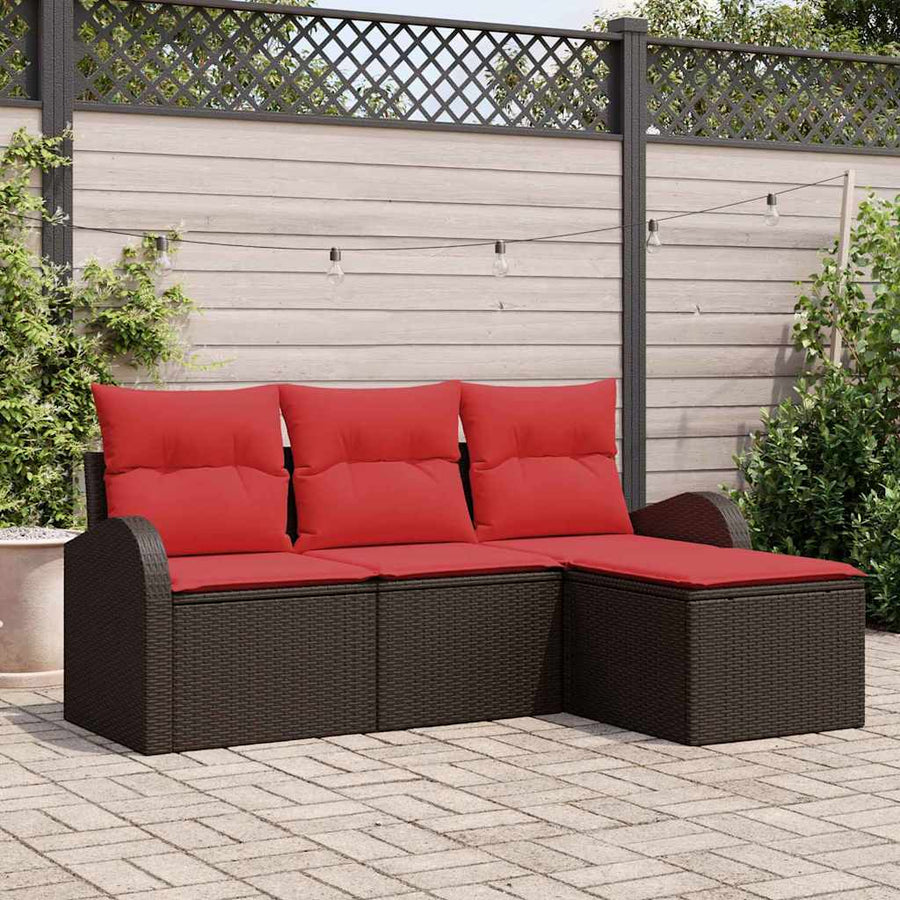 Bankstel met kussen met opslag 4 pcs Bruin en Rood poly rattan