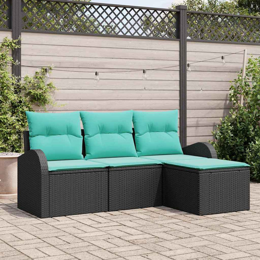 Bankstel met kussen 4 pcs Zwart en Turquoise poly rattan