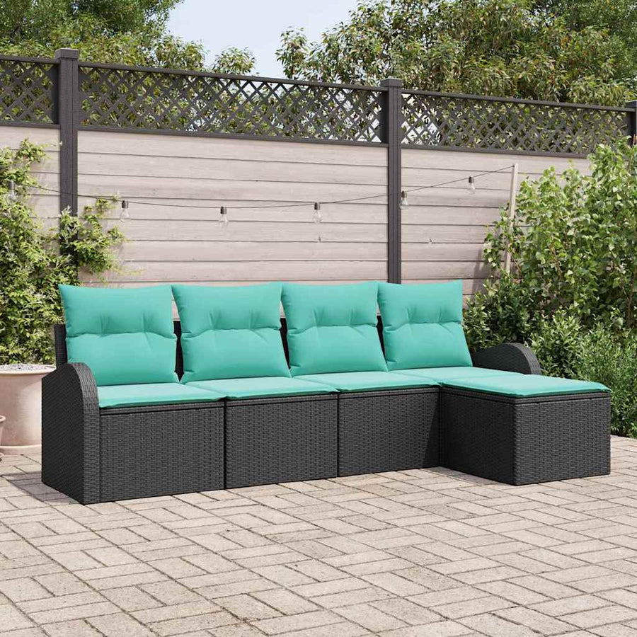 Bankstel met kussen 5 pcs Zwart en Turquoise poly rattan
