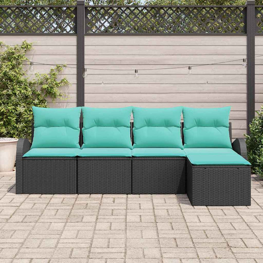Bankstel met kussen 5 pcs Zwart en Turquoise poly rattan