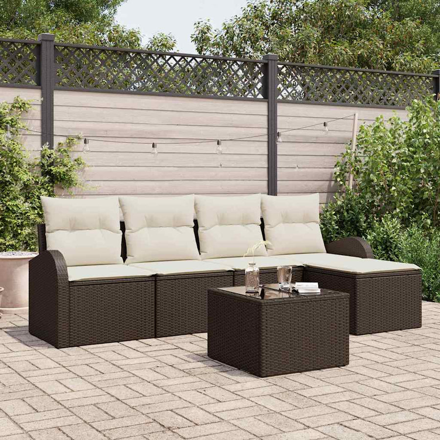 Bankstel met kussen met opslag 6 pcs Bruin en wit poly rattan