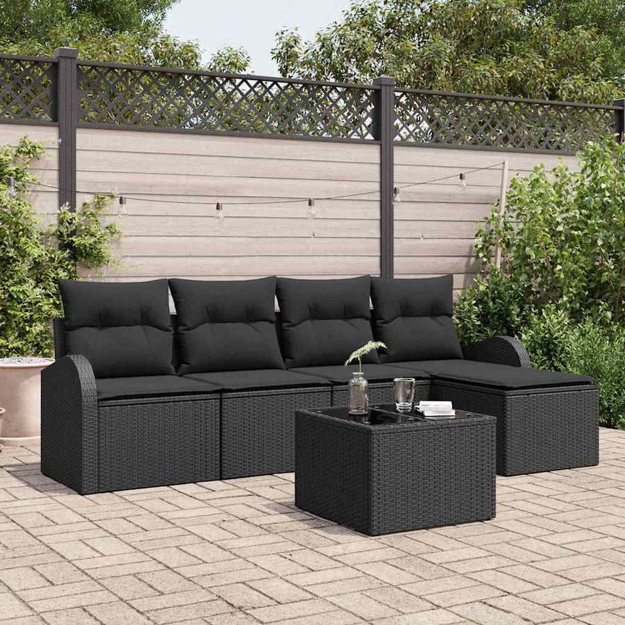 Bankstel met kussen met opslag 6 pcs Zwart poly rattan