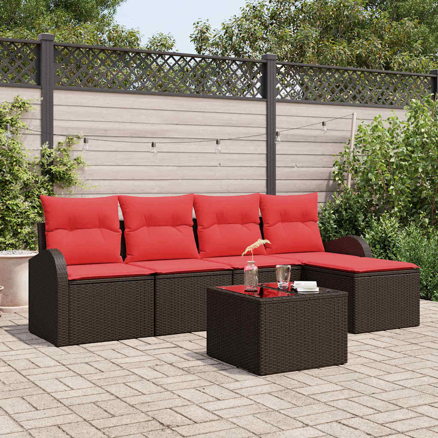 Bankstel met kussen met opslag 6 pcs Bruin en Rood poly rattan