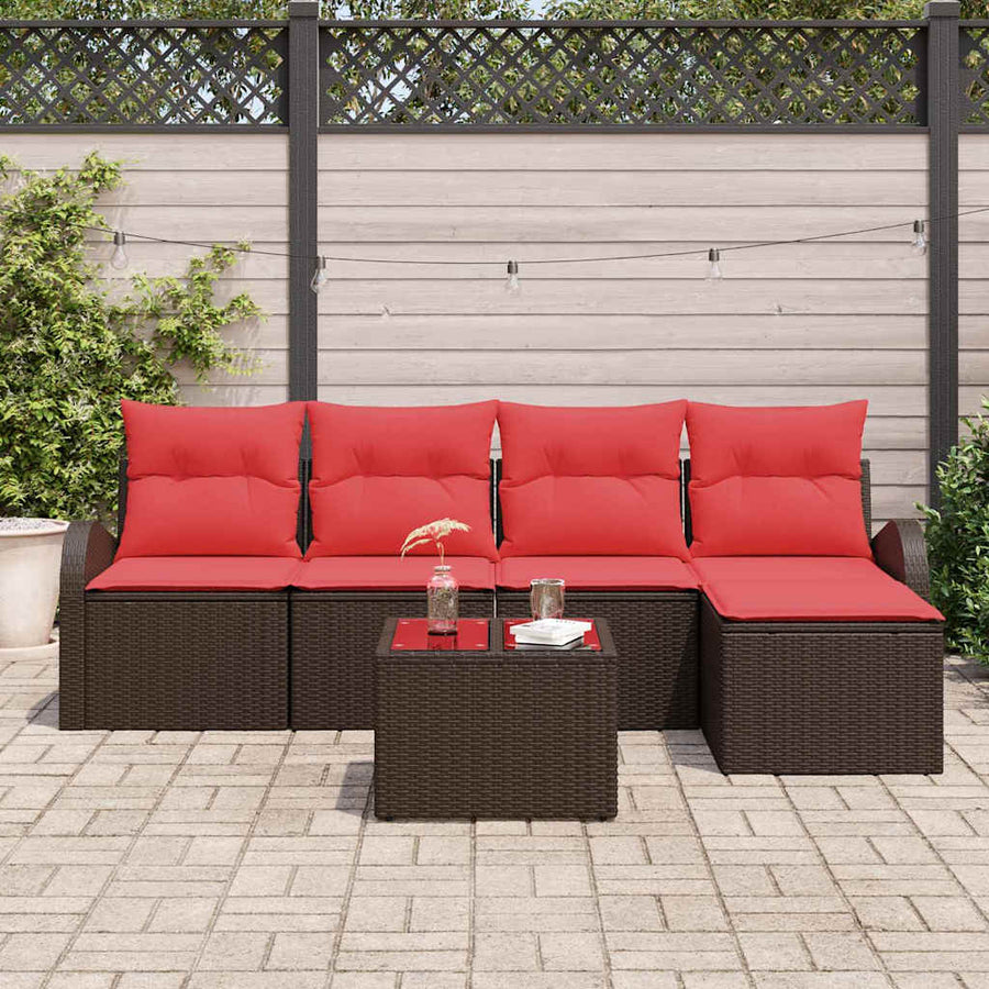 Bankstel met kussen met opslag 6 pcs Bruin en Rood poly rattan