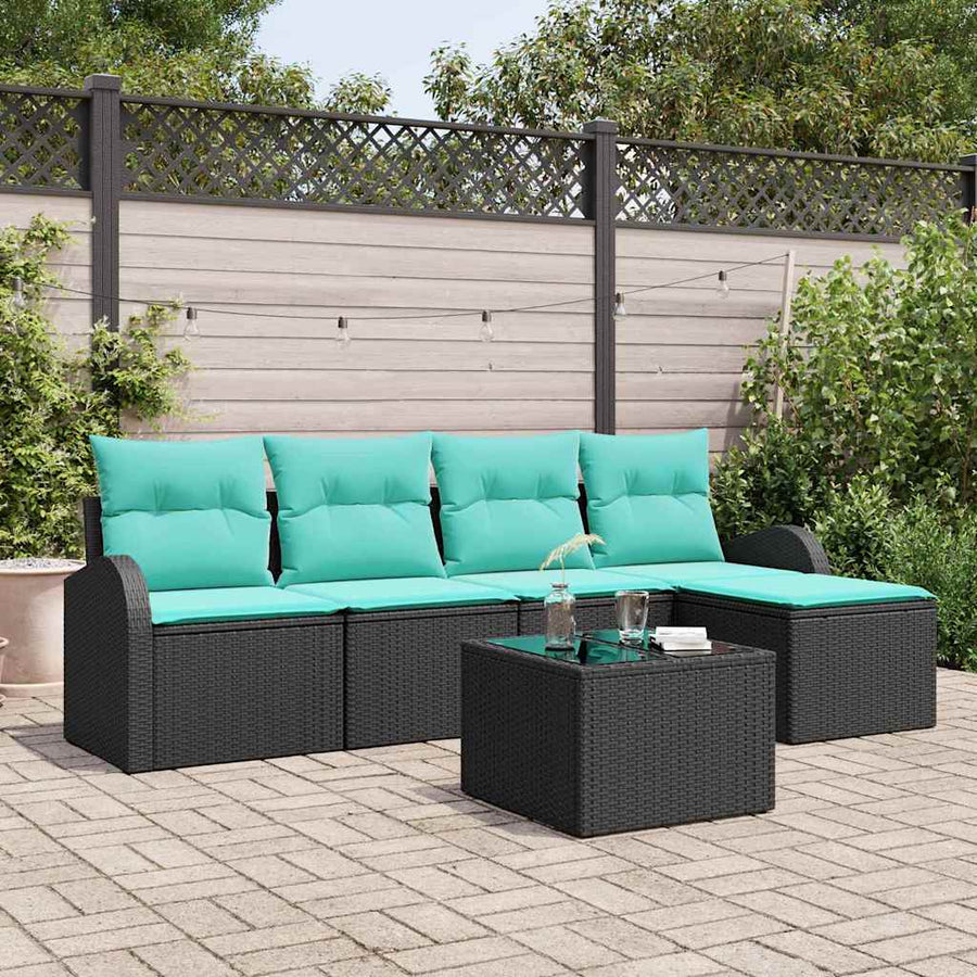 Bankstel met kussen 6 pcs Zwart en Turquoise poly rattan