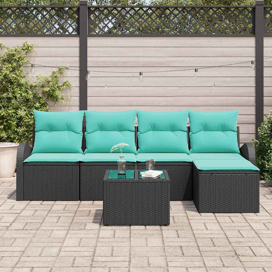 Bankstel met kussen 6 pcs Zwart en Turquoise poly rattan
