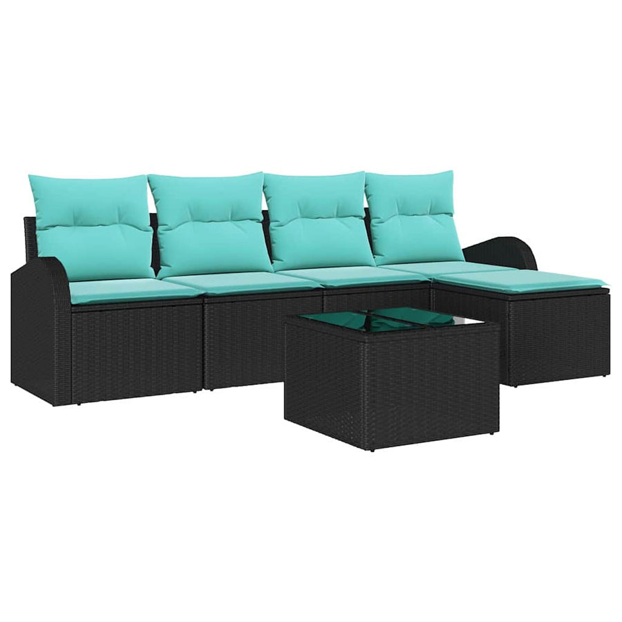 Bankstel met kussen 6 pcs Zwart en Turquoise poly rattan