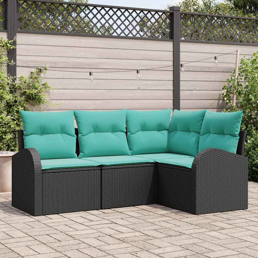 Tuinbankenset met kussen 4 pcs Zwart en Turquoise poly rattan