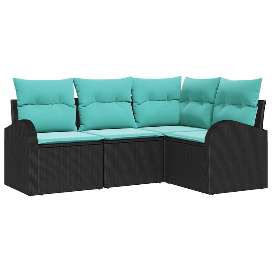 Tuinbankenset met kussen 4 pcs Zwart en Turquoise poly rattan