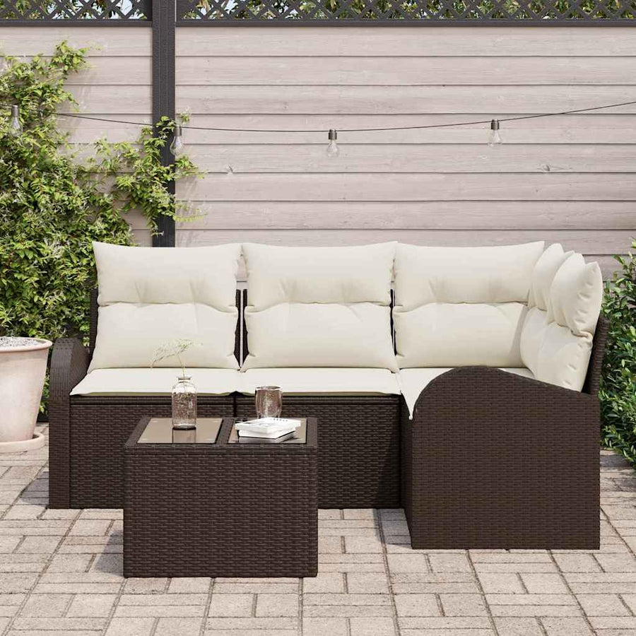 Tuinbankenset met kussen 5 pcs Bruin en wit poly rattan