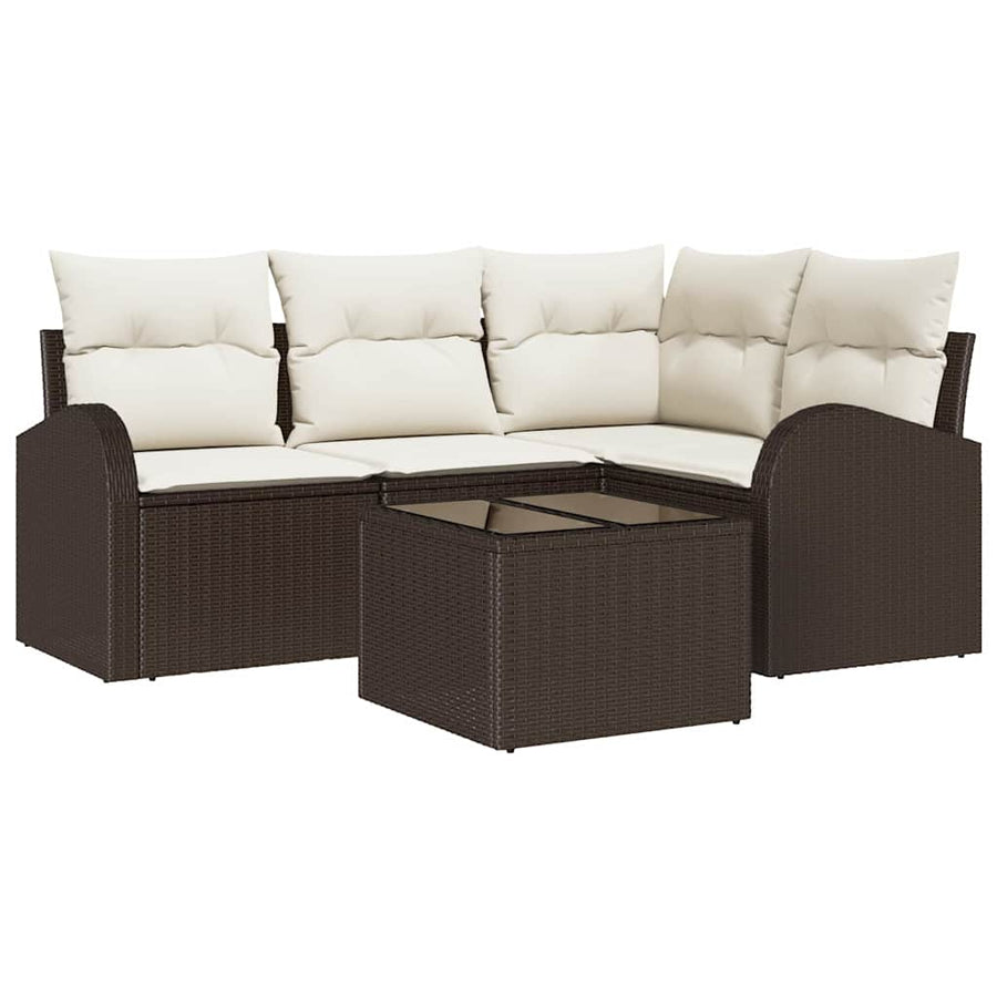Tuinbankenset met kussen 5 pcs Bruin en wit poly rattan