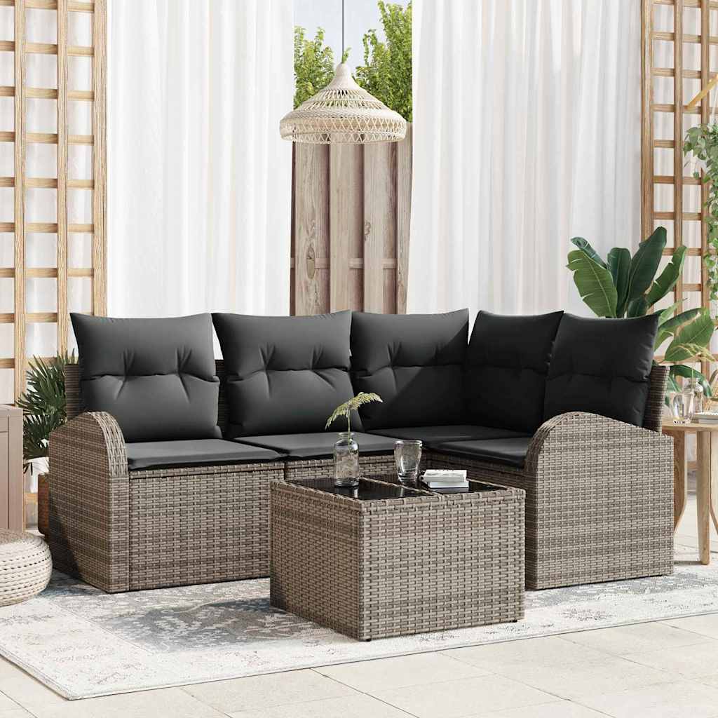 Tuinbankenset met kussen met opslag 5 pcs Grijs poly rattan