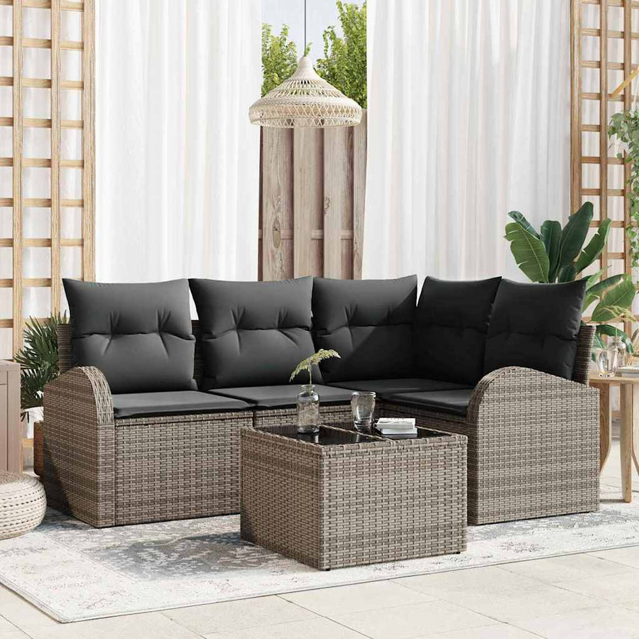 Tuinbankenset met kussen met opslag 5 pcs Grijs poly rattan