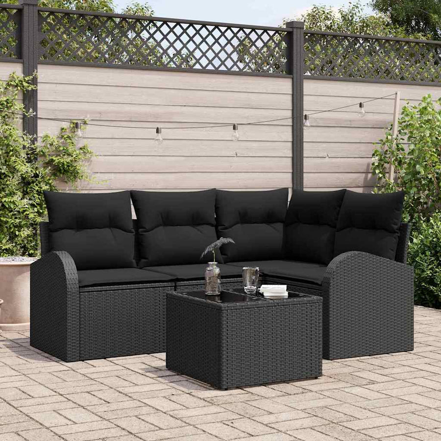 Tuinbankenset met kussen met opslag 5 pcs Zwart poly rattan