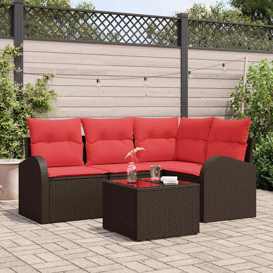 Tuinbankenset met kussen 5 pcs Bruin en Rood poly rattan
