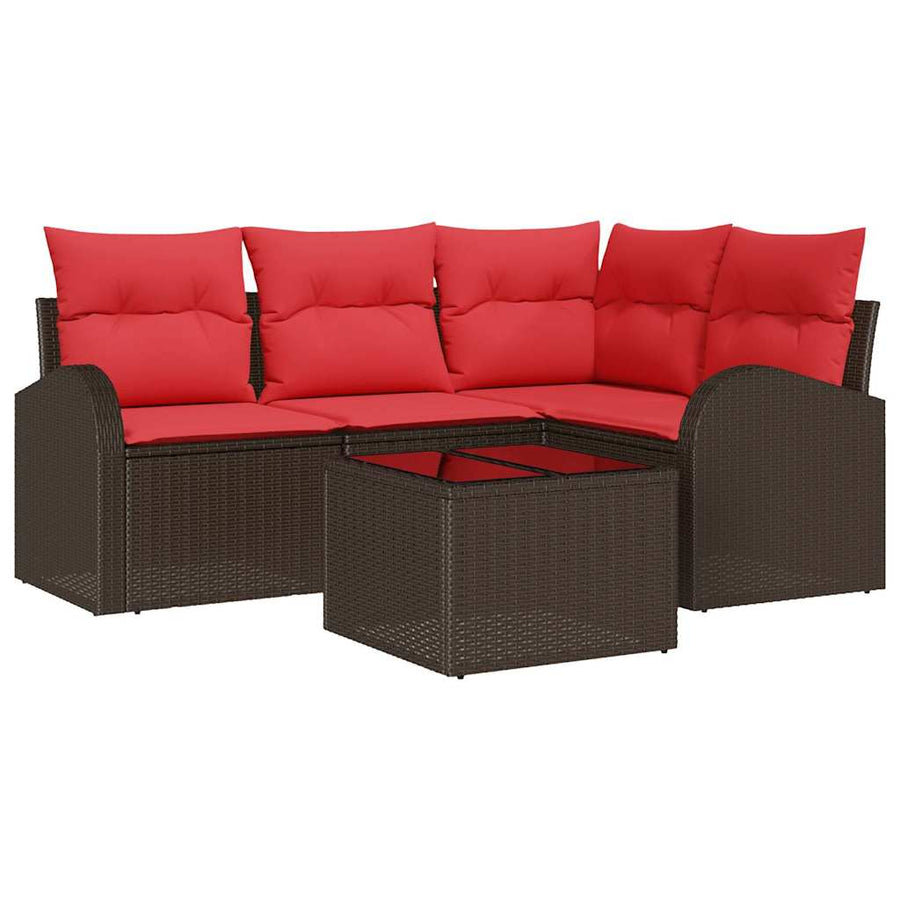 Tuinbankenset met kussen 5 pcs Bruin en Rood poly rattan