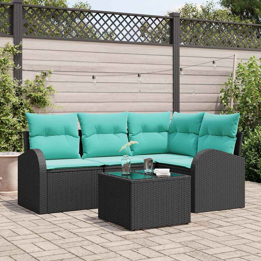 Tuinbankenset met kussen 5 pcs Zwart en Turquoise poly rattan