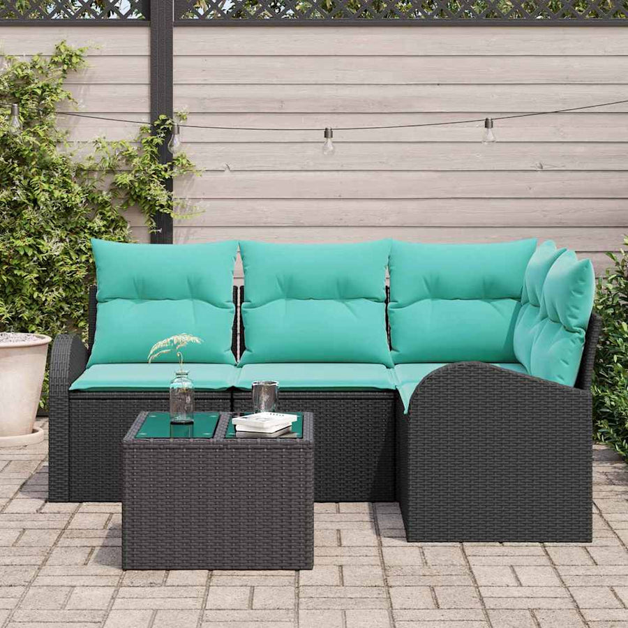 Tuinbankenset met kussen 5 pcs Zwart en Turquoise poly rattan
