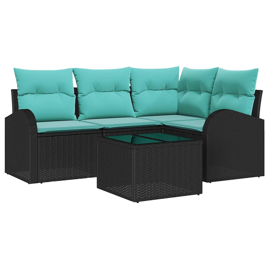 Tuinbankenset met kussen 5 pcs Zwart en Turquoise poly rattan