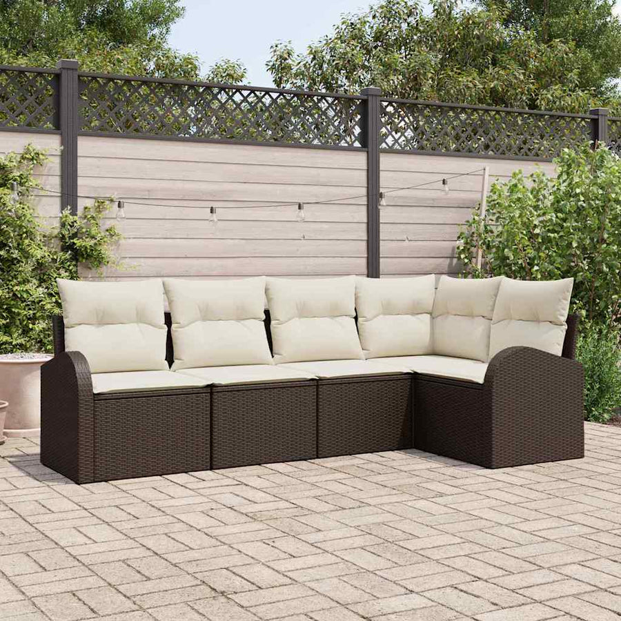 Tuinbankenset met kussen 5 pcs Bruin en wit poly rattan